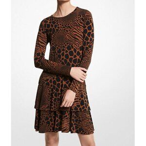 Michael Kors Shift Dress 1X Black Brown 3/4 Long Sleeve Stretch Washable NEW